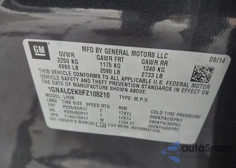 2015 Chevrolet Equinox 2Lt from USA, damaged, VIN 1GNALCEK8FZ108210